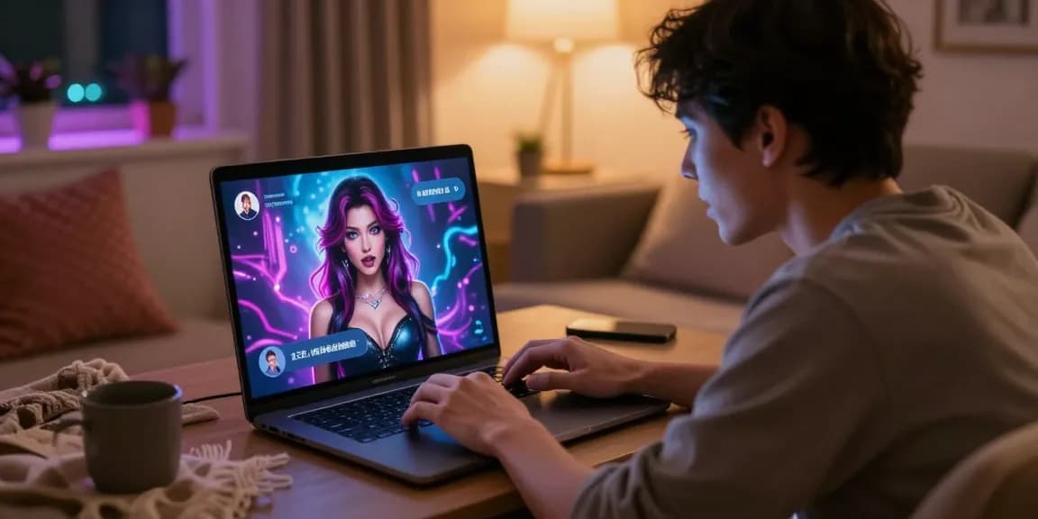 Engaging in an immersive porn chat AI experience, featuring a user interacting with a vibrant character in a cozy setting.