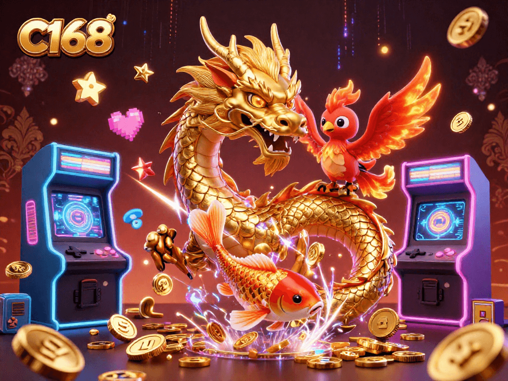 Experience C168's thrilling gaming world with a fierce dragon, phoenix, and koi fish amidst casino treasures.
