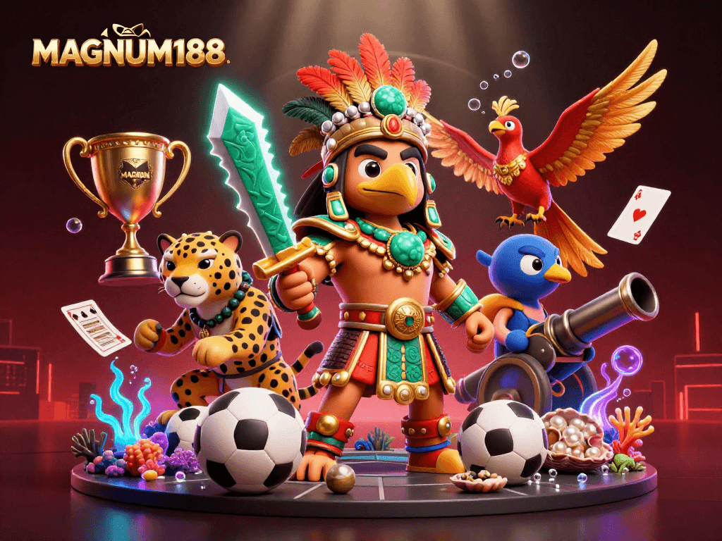 Engage in sports betting excitement with MAGNUM188 featuring Aztec warriors and vibrant elements.