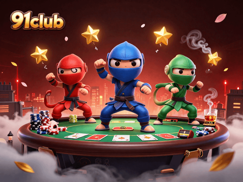 Engage with immersive gaming at 91club, featuring vibrant 3D chameleon ninjas and casino elements.