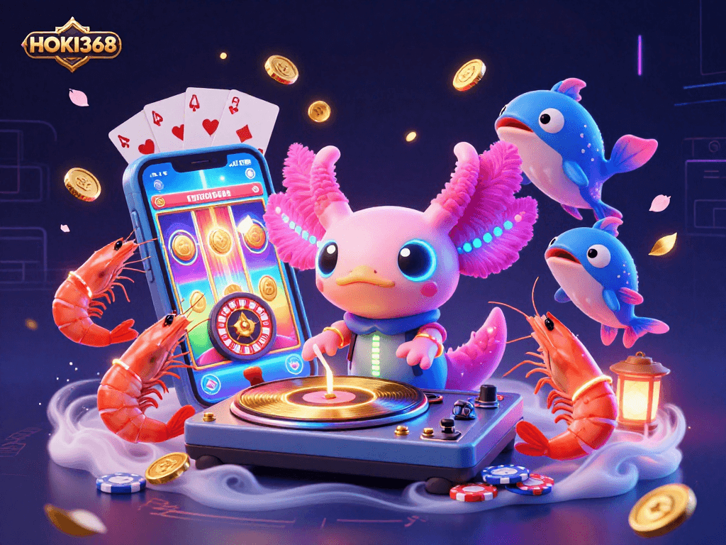Experience HOKI368 thrills with animated axolotl DJ and exciting gaming elements in a vibrant underwater scene.