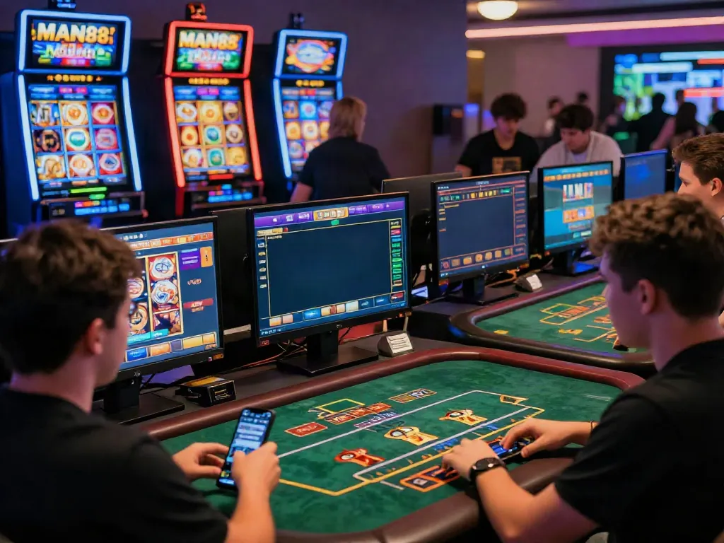 Exciting MAN88 online gambling experience with players and vibrant game visuals, capturing the essence of digital gaming.