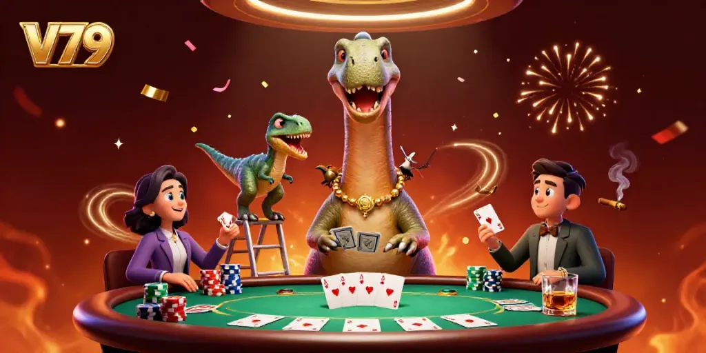 Experience the excitement of V79 with a cartoon brontosaurus as a centerpiece in a dynamic casino scene.
