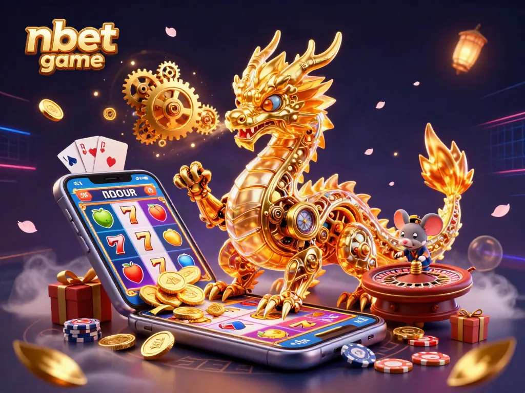 Engage with nbet game through vibrant 3D visuals featuring a golden dragon amidst slot games and poker elements.