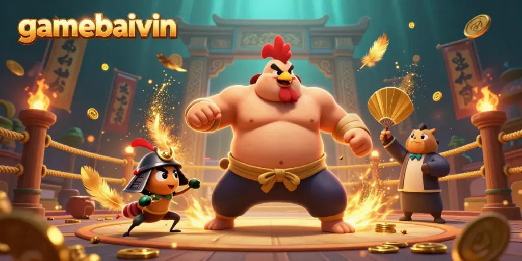 Witness the thrilling action of the gamebaivin scene featuring a sumo wrestler, a fighting cricket, and a tanuki announcer in a colorful arena.