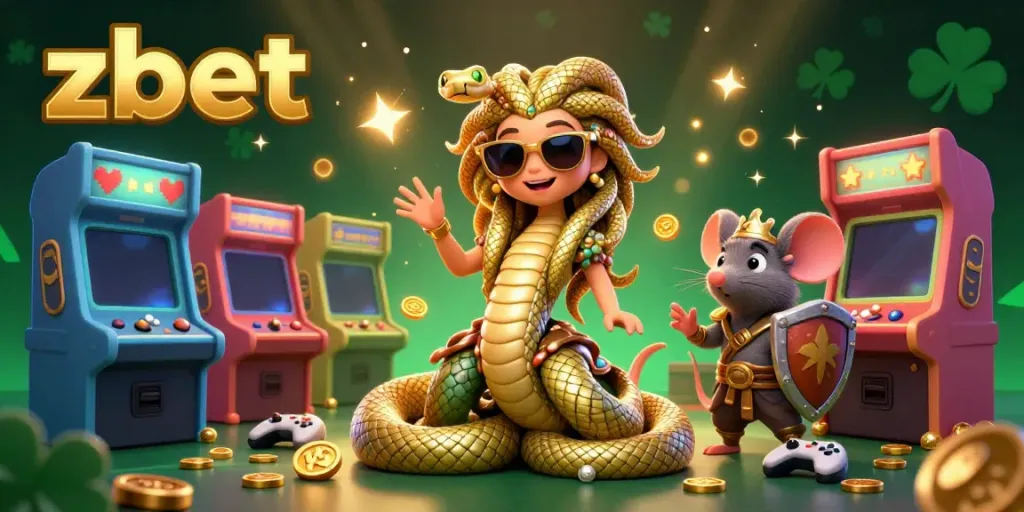 Experience the vibrant world of zbet through an engaging 3D illustration of Medusa and a warrior mouse in a dynamic casino setting.
