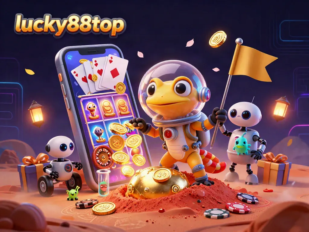 Experience thrilling wins with lucky88top in this ultra-detailed casino illustration featuring dynamic slot games.