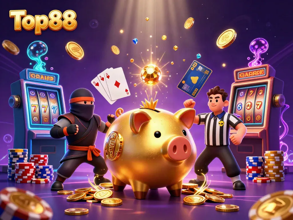 Experience the excitement of Top88 with a dynamic 3D casino scene featuring a sumo wrestler and ninja characters amidst flying coins and vibrant casino elements.