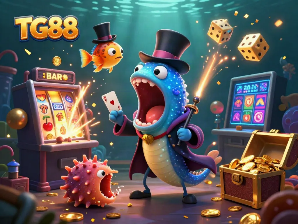 TG88 presents playful underwater casino scene with unique characters performing magic and jackpots exploding