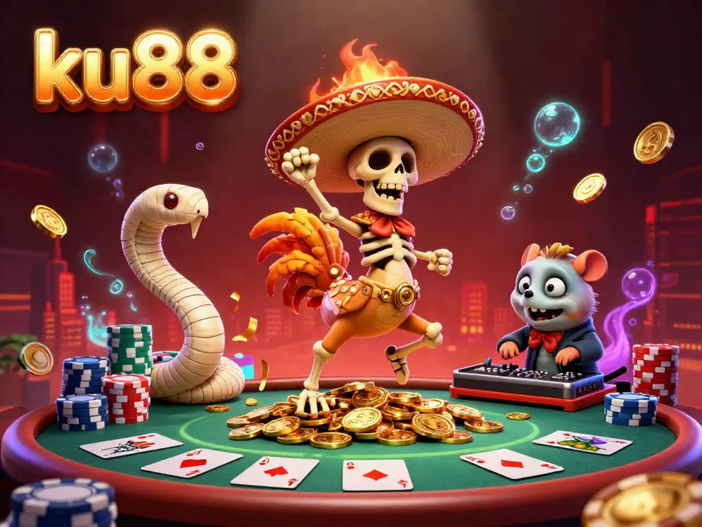 Celebrate gaming thrills with ku88's vibrant victory dance of cartoon characters on coins.