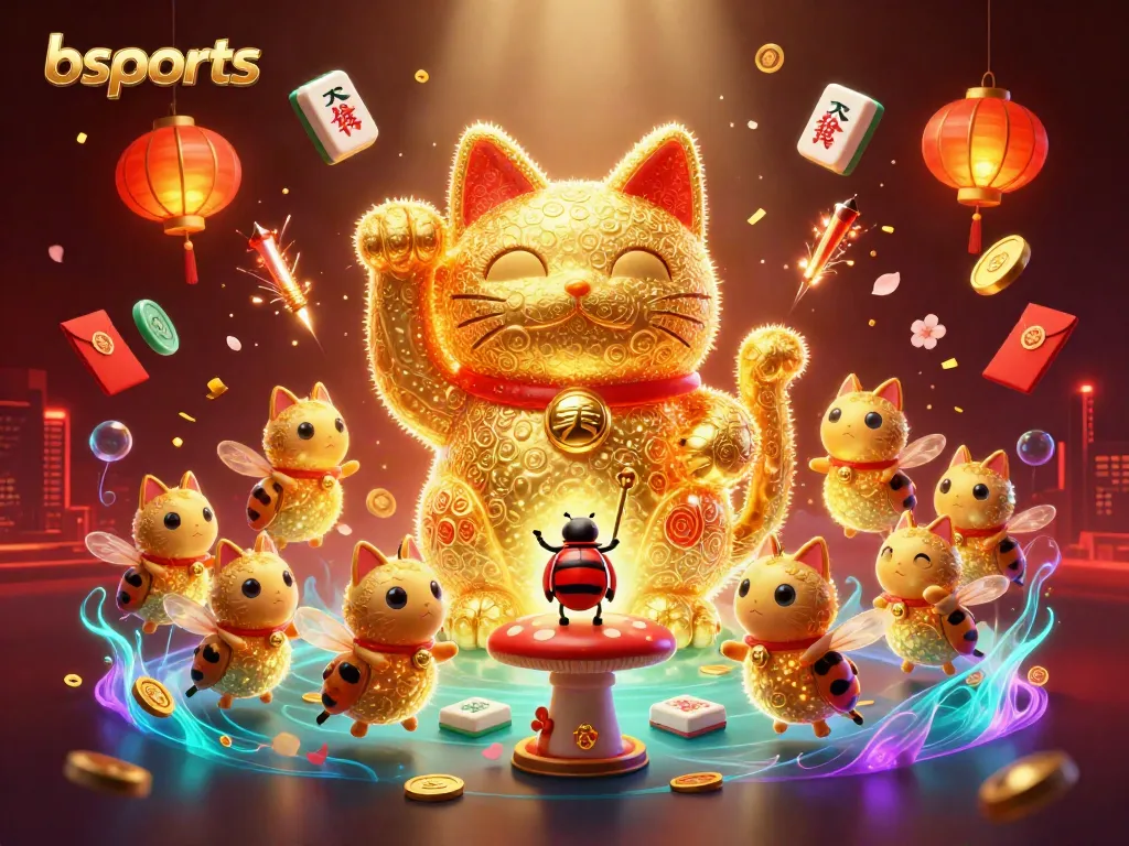 Experience winning moments with bsports through a vibrant illustration of a lucky cat and casino symbols.