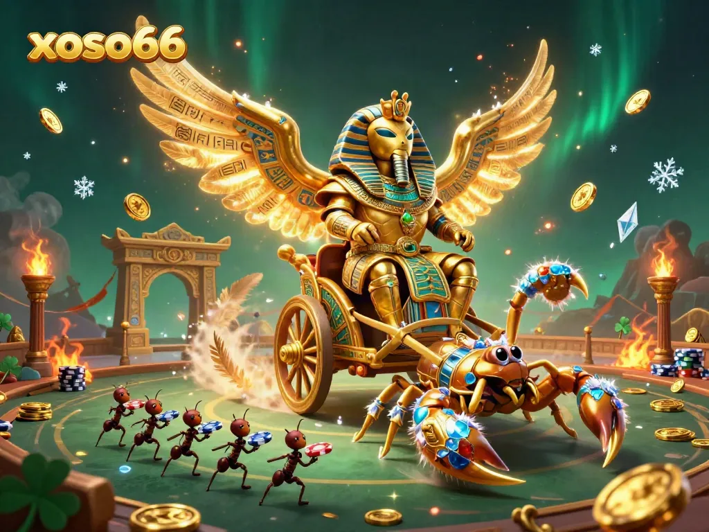 Xoso66 showcases a vibrant scene where a golden scarab beetle rides a chariot in a magical gambling arena.