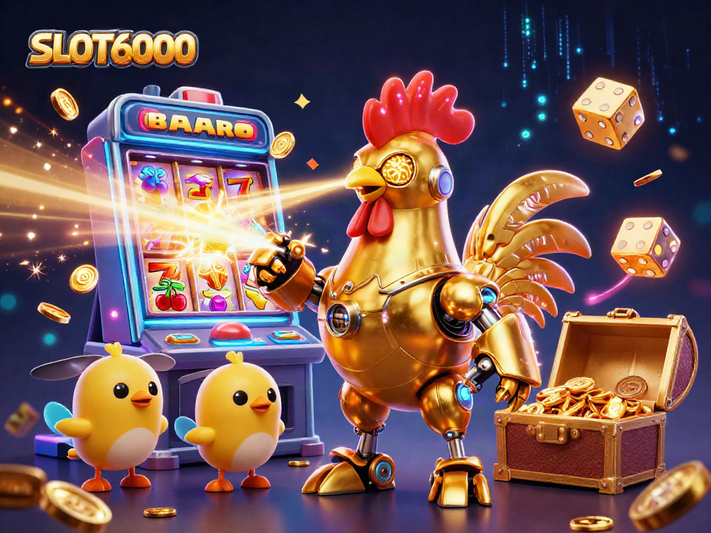 SLOT6000 captures an energetic scene with a golden rooster robot and slot machine bursting with winnings.