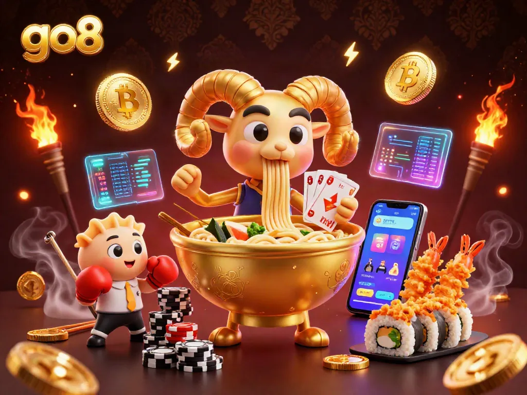 Engaging go8-themed casino scene with a giant ramen bowl character dealing cards and stacking chips.
