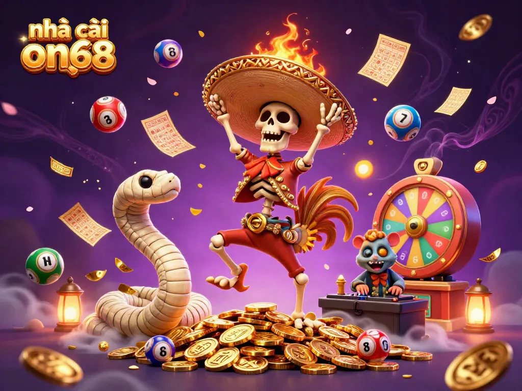Join the fun with nhà cái on68, featuring a lively victory dance scene filled with festive casino elements.
