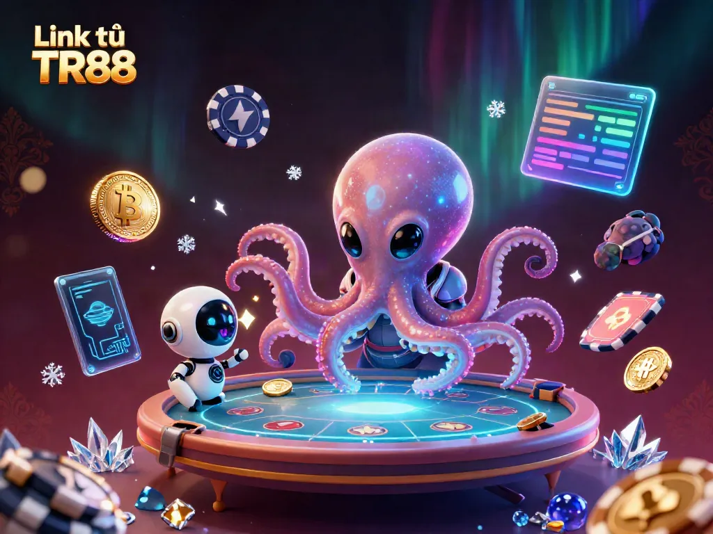 Experience thrilling gaming action at "Link từ TR88" with holographic poker tables and vibrant crypto elements.
