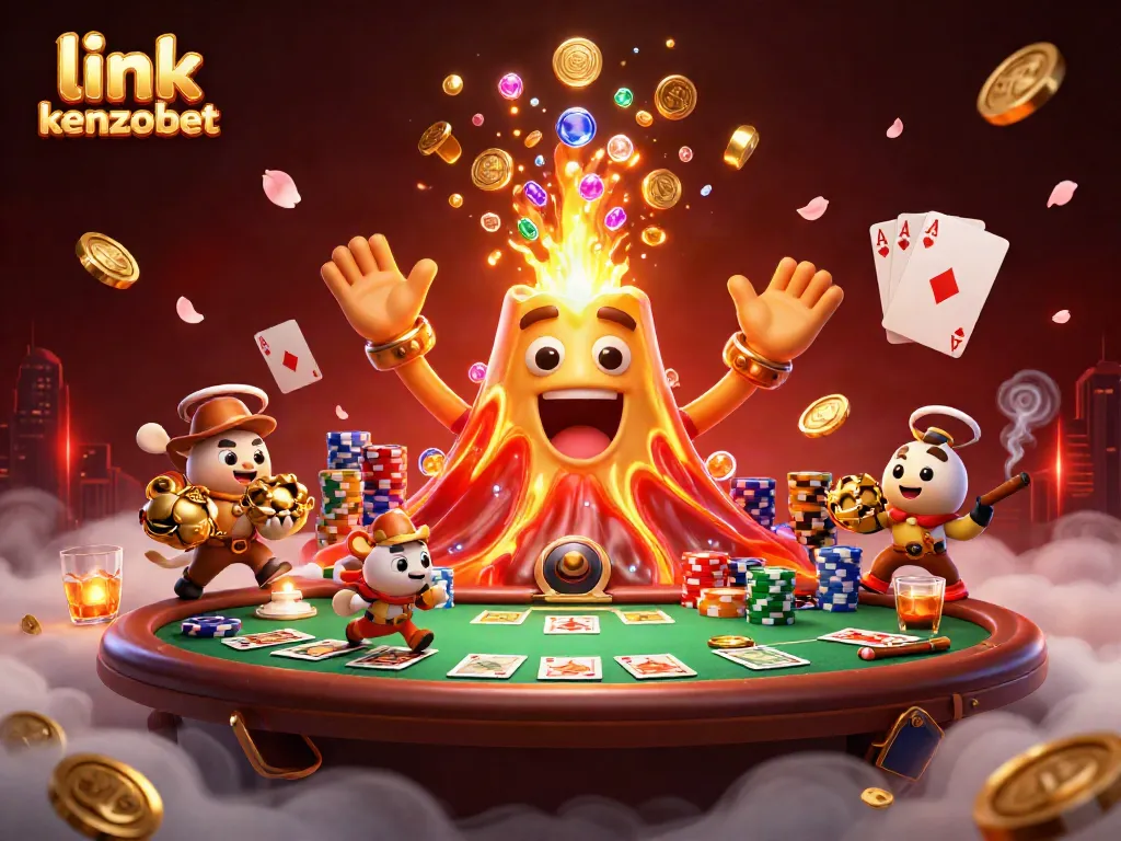 Experience the thrill with "link kenzobet" as a golden volcano erupts coins amidst intense poker action.