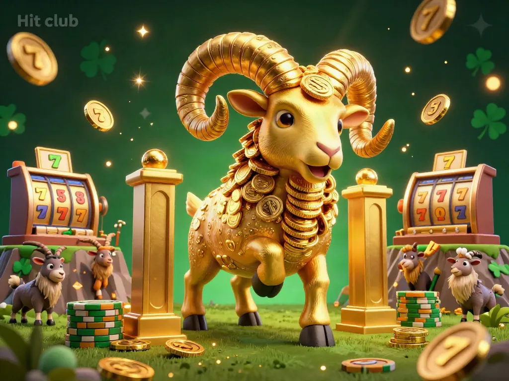 The "Hit club" gaming scene showcases vibrant graphics with a golden ram and casino elements, perfect for engaging gamblers.