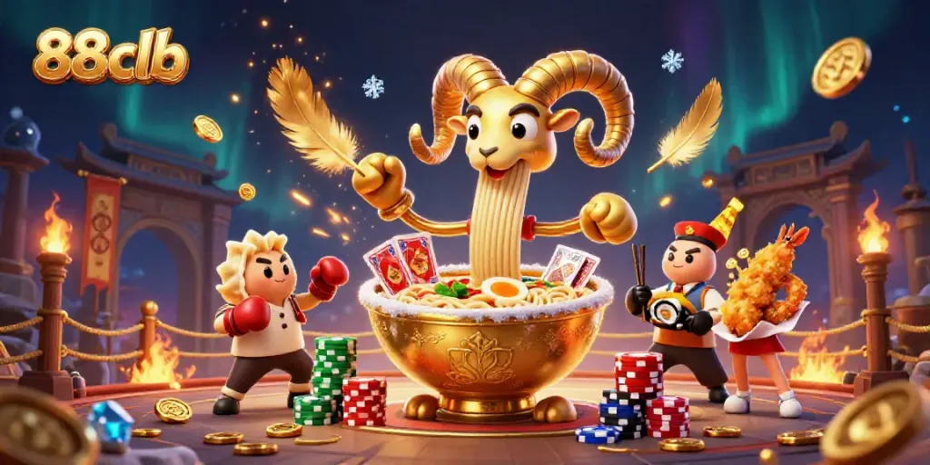 Experience thrilling gaming with 88clb as cartoon characters stack chips and deal cards in a vibrant casino scene.