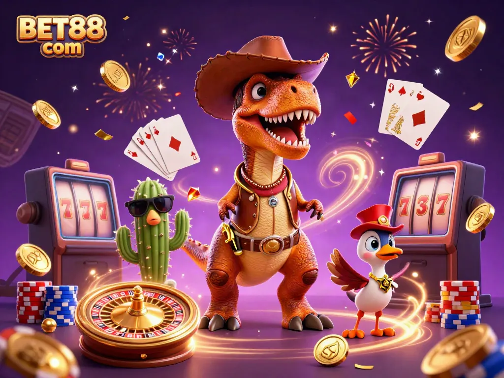 Win big with exciting games at BET88 com, featuring a lively casino scene with vibrant characters and rich game elements.