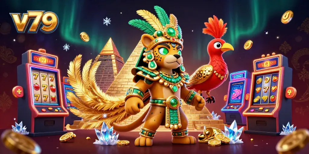 Experience the thrill of v79 with the Mayan jaguar priest amid vibrant slot machines and dynamic gaming elements.