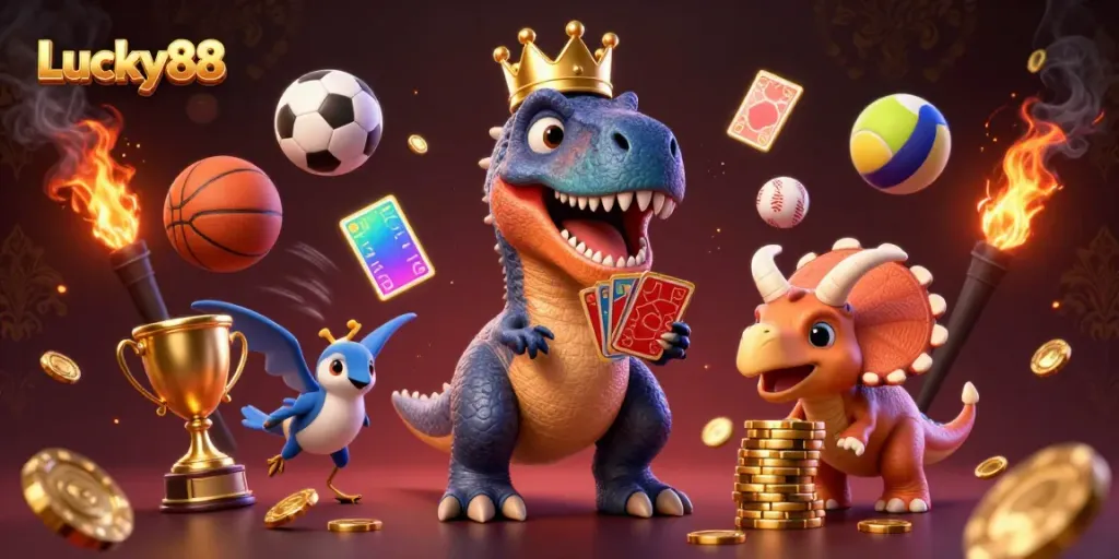 Engage with Lucky88 as a T-Rex shuffles cards surrounded by dynamic sports elements in a fun casino scene.