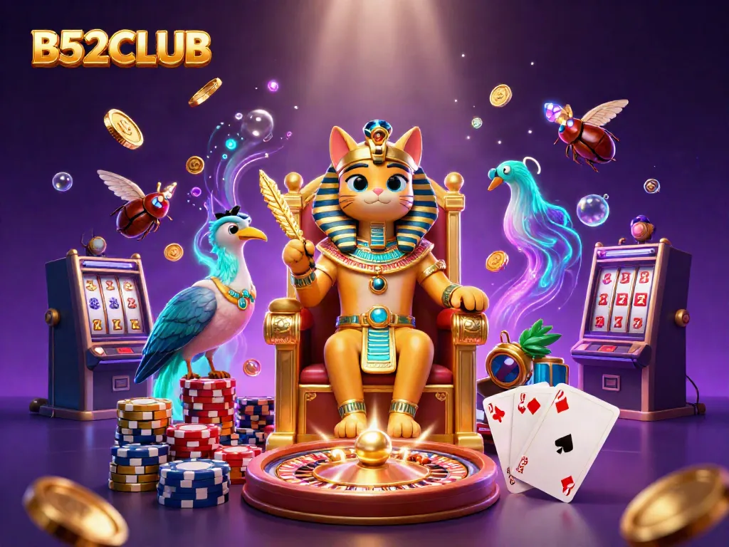 Experience the excitement of B52CLUB with a vibrant, 3D digital illustration featuring a pharaoh cat and gaming elements.