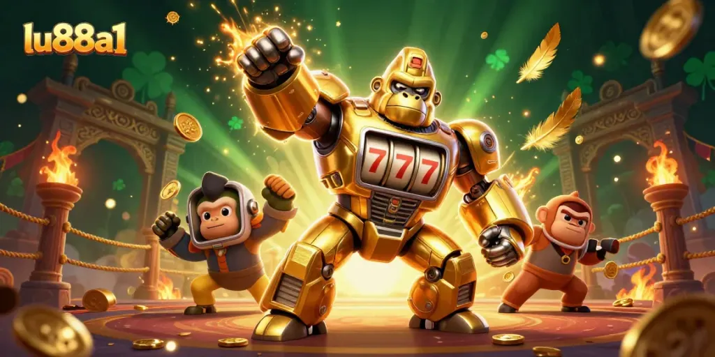 Experience the thrilling adventure at lu88a1 with a golden gorilla mech slot machine heroically charging with coins!