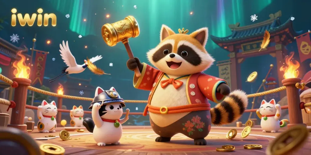 Engaging illustration of IWIN-themed characters and elements celebrating wins in a vibrant casino atmosphere.