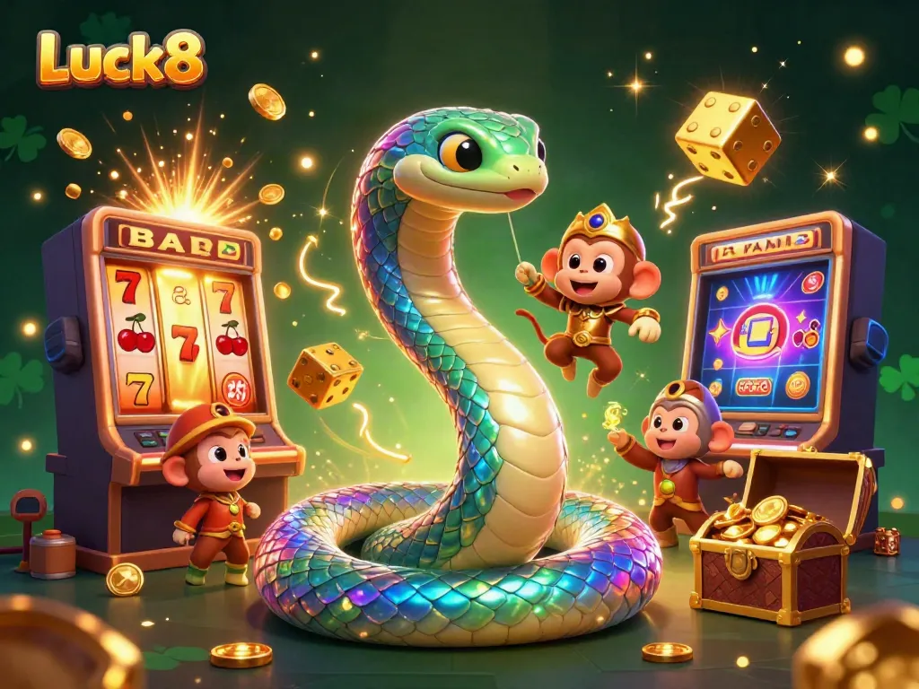 Experience the vibrant thrill of Luck8 with a dazzling 3D illustration featuring a rainbow serpent and playful monkey king amidst a burst of casino excitement.