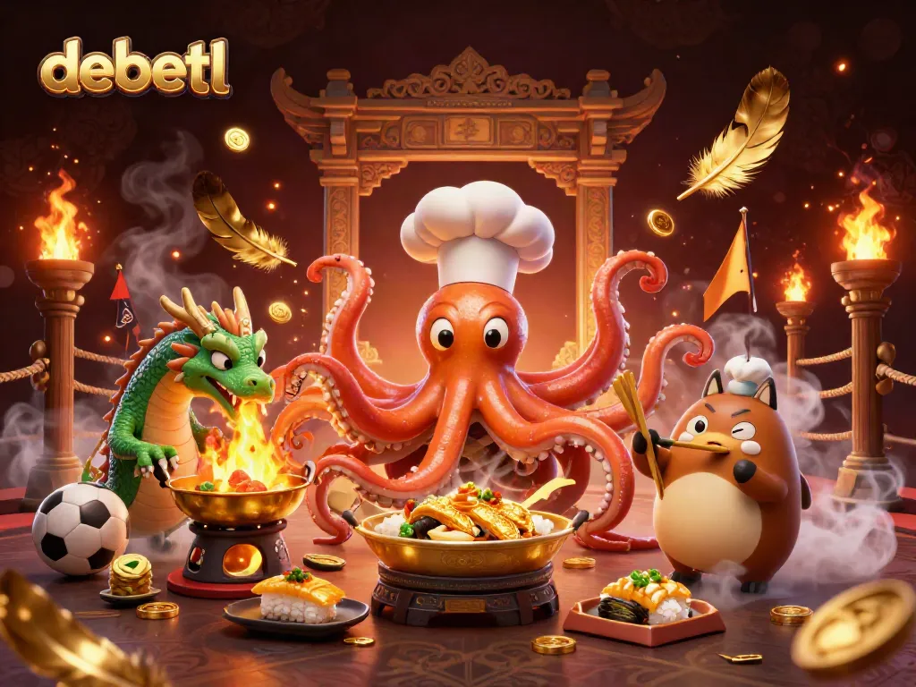 Experience the thrilling action at debetl, where a sushi chef octopus and dragon interact in a rich casino scene.