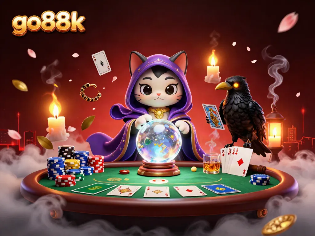 Experience go88k thrills with a mystical cat and raven at a vibrant casino table.
