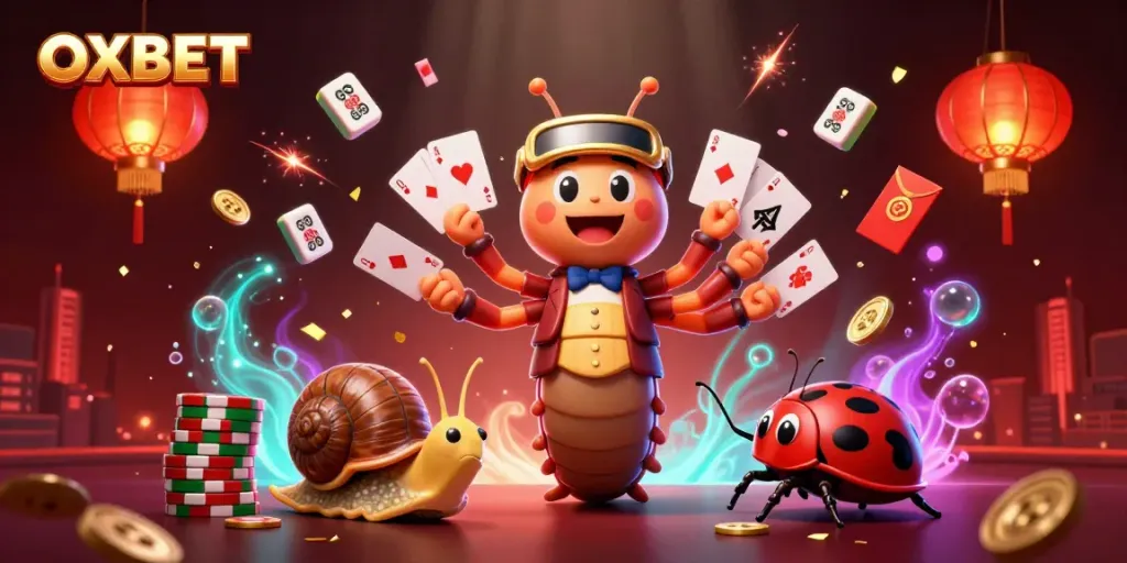 Experience thrilling gameplay with OXBET as a dynamic cartoon scene unfolds with various game elements.