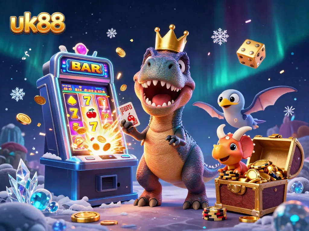 Experience the excitement at uk88 with a cartoon T-Rex and friends playing slots and stacking chips.