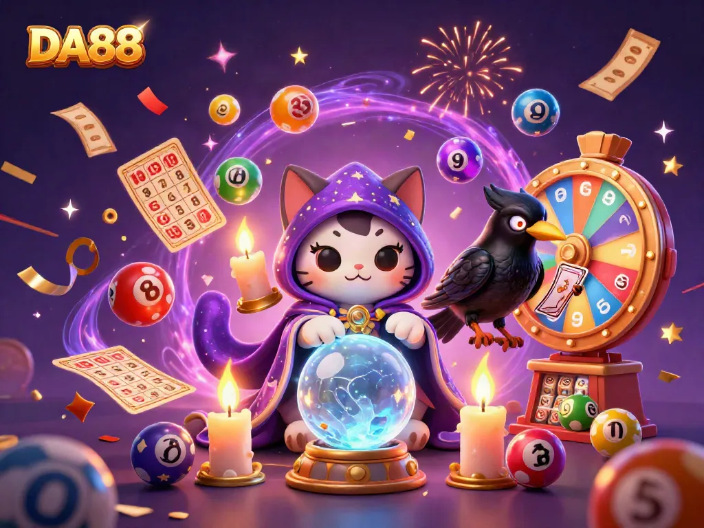 DA88 fortune teller cat illuminates lottery excitement with vibrant elements and magical ambiance.