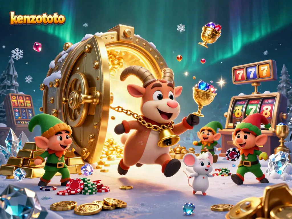 Kenzototo engages players in a vibrant holiday-horror casino scene with winning slot reels and greedy gremlins.