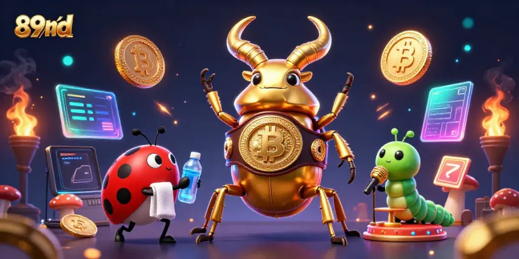 Engage in thrilling gaming action with 89bd's vibrant characters and crypto elements in a dynamic scene.