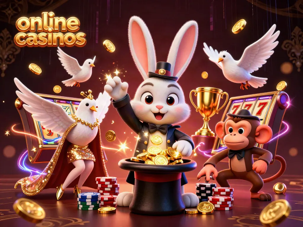 Experience online mobile casinos with this vibrant illustration of a magician, dove, and monkey surrounded by slot reels and tokens.