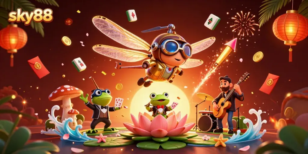 Engage with exciting gameplay at sky88 as the frog croupier deals cards in an enchanting casino scene.