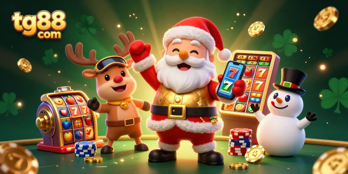 Experience the excitement at tg88 com with Santa and friends showcasing jackpot slots and vibrant casino elements.