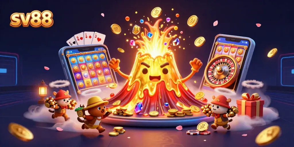 Experience thrilling gameplay at sv88 with a dynamic casino scene featuring a vibrant golden volcano and slot games.