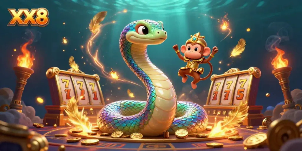 Engage in thrilling casino action with the vibrant XX8 rainbow serpent and monkey king in an energetic scene.