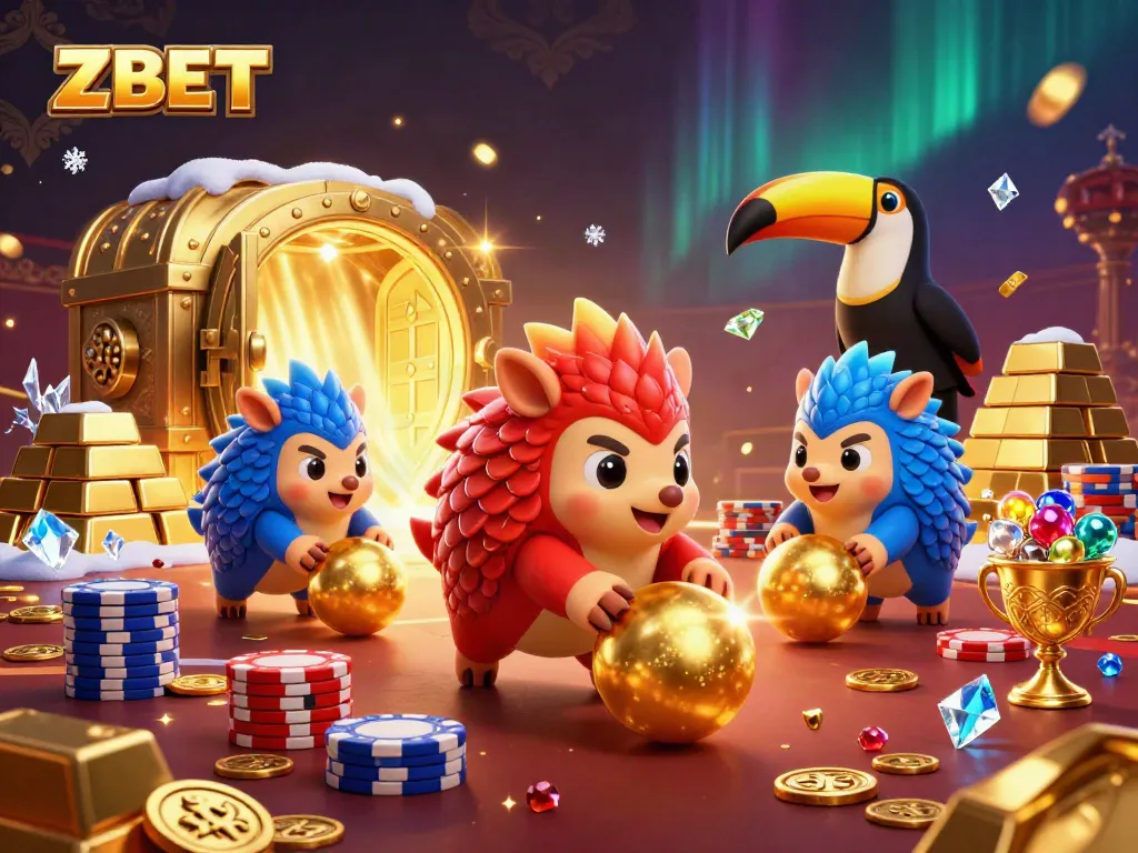 ZBET showcases a thrilling scene with rival pangolins battling through casino treasures and poker chips.
