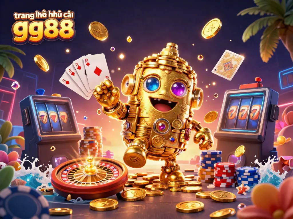 Experience the excitement at trang chủ nhà cái gg88 with a golden golem amidst dynamic casino elements.