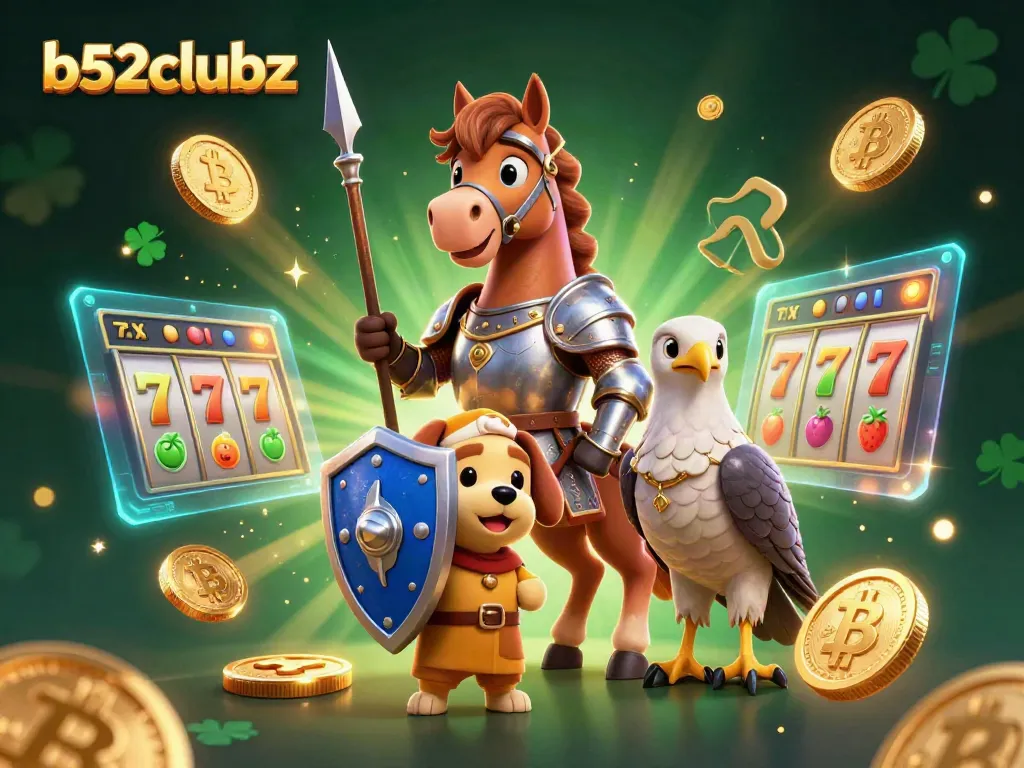 Experience thrilling wins with b52clubz, featuring an adventurous knight, a squire, and vibrant casino elements.