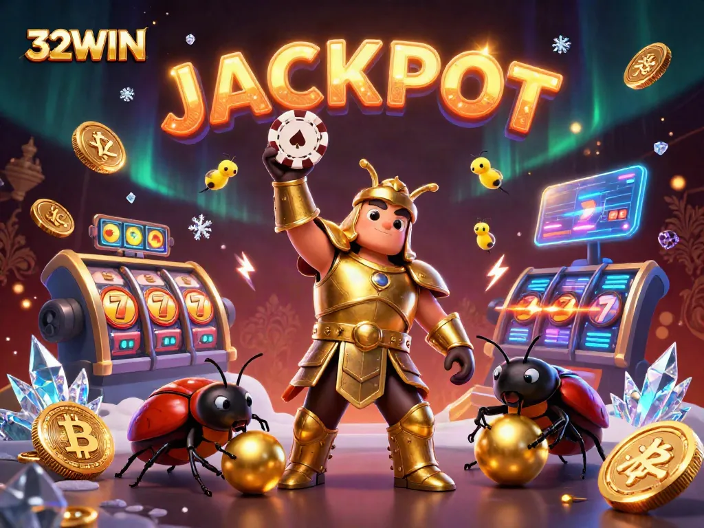 32WIN's exciting victory scene showcases a beetle hero with a jackpot, celebrating in a vibrant casino atmosphere.