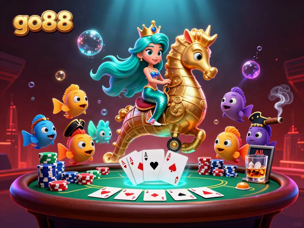 Engage in the vibrant world of go88 with a cartoon mermaid and seahorse amidst rich casino elements.