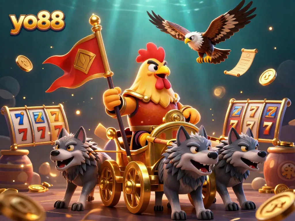 Join the thrilling action at yo88, featuring a colorful scene of a rooster warlord in a dynamic casino adventure with slot machines and golden treasures.