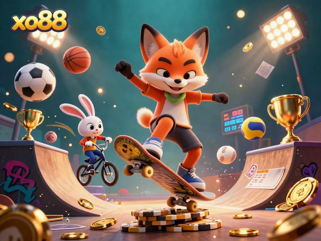 Experience thrilling gaming action at xo88, featuring vibrant casino symbols and dynamic sports elements.