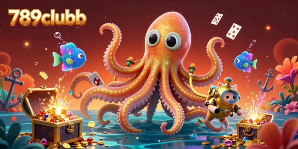 Engage with 789clubb’s vibrant underwater gaming experience featuring a kraken and bioluminescent fish.